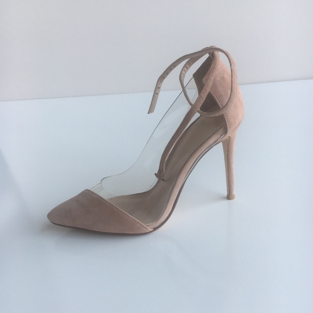 NEW RAYE Tara Nude Ankle Strap Suede Clear Pumps